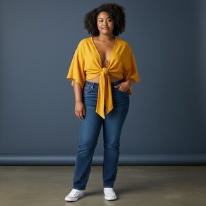 💚 Shein Yellow Tie Crop Top Crepe Shirt | Size L